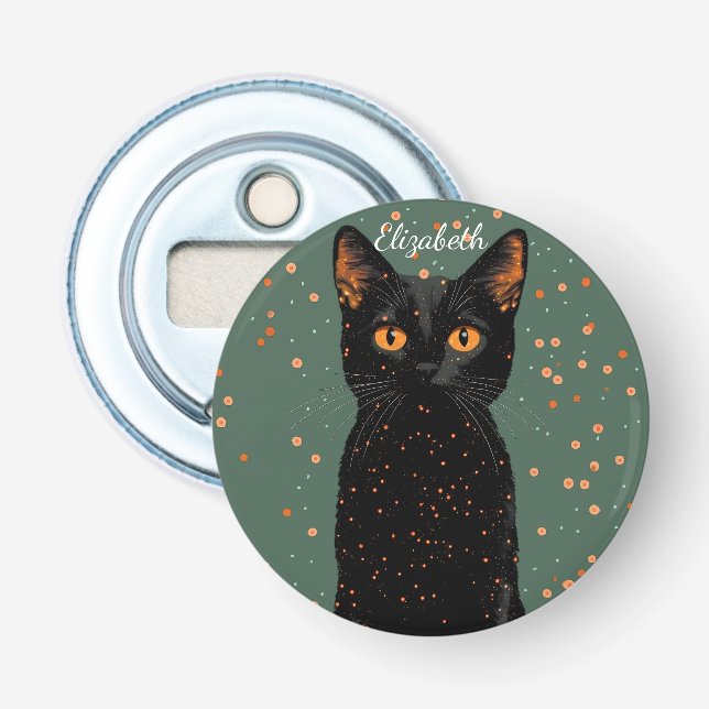 Mystical Black Cat with Orange Eyes and Glitter Bottle Opener (Front)