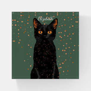 Mystical Black Cat with Orange Eyes and Glitter Paperweight