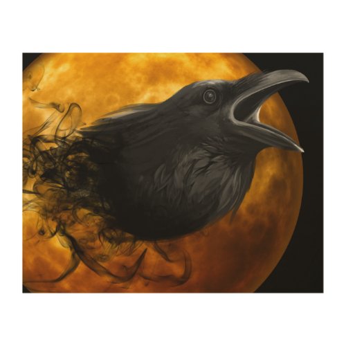 Mystical Black Crow In Front Of Fiery Moon Wood Wall Art