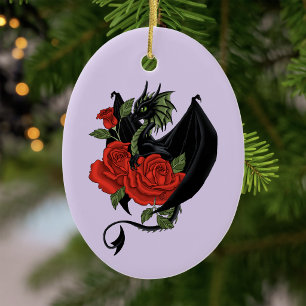 Mystical Black Dragon Red Roses Lavender Gothic Ceramic Ornament