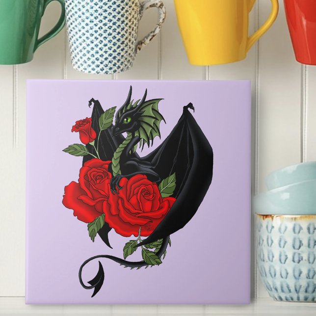 Mystical Black Dragon Red Roses Lavender Gothic Ceramic Tile (Creator Uploaded)