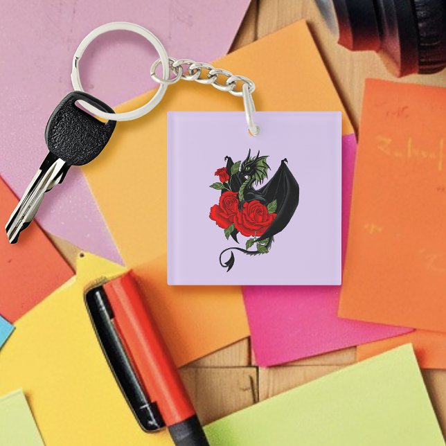 Mystical Black Dragon Red Roses Lavender Gothic  Keychain (Creator Uploaded)