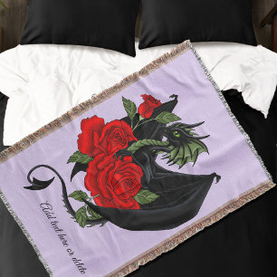 Mystical Black Dragon Red Roses Lavender Gothic Throw Blanket