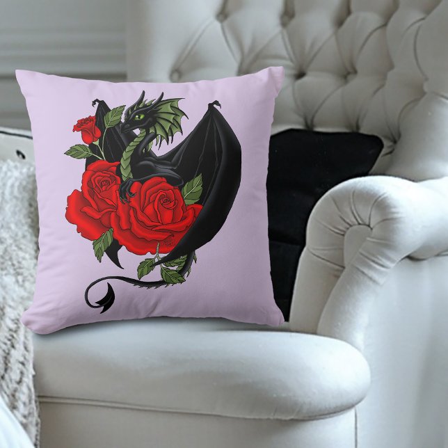 Mystical Black Dragon Red Roses Lavender Gothic  Throw Pillow (Creator Uploaded)