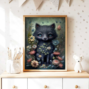 Mystical Black Fox Nursery Wall Art Print Fox