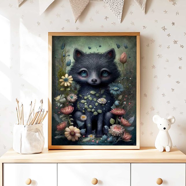Mystical Black Fox Nursery Wall Art Print | Fox (Mystical Black Fox Nursery Wall Art Print by TinkPrints.)
