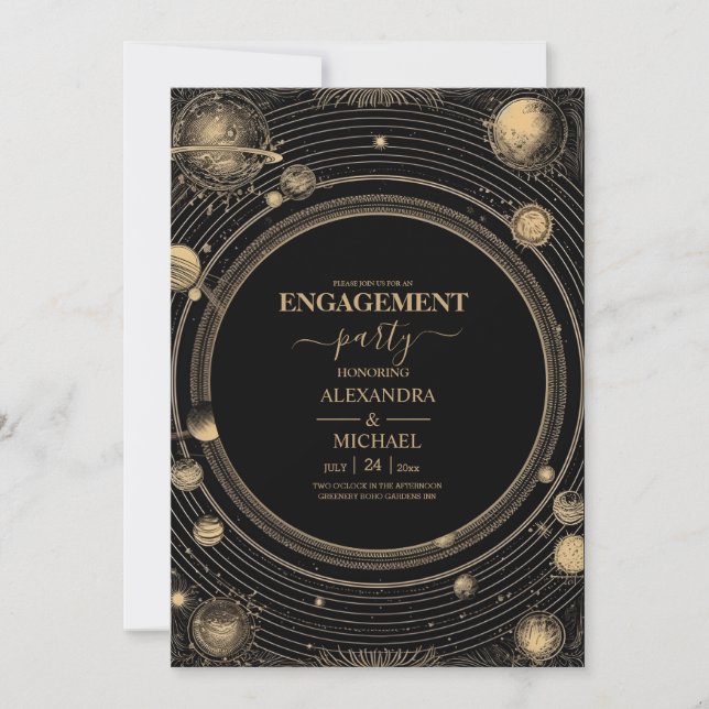 Mystical Black Gold Celestial Engagement Party Invitation (Front)