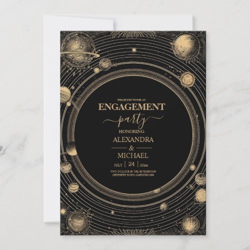 Mystical Black Gold Celestial Engagement Party Invitation