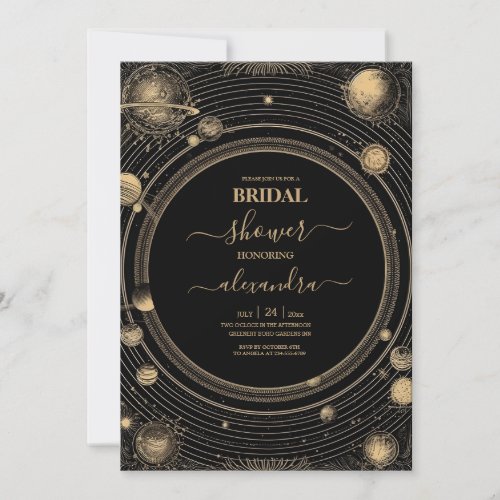 Mystical Black Gold Celestial Galaxy Bridal Shower Invitation