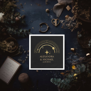 Mystical Black Gold Celestial Galaxy Wedding Napkins