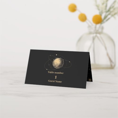 Mystical Black Gold Celestial Galaxy Wedding Place Card