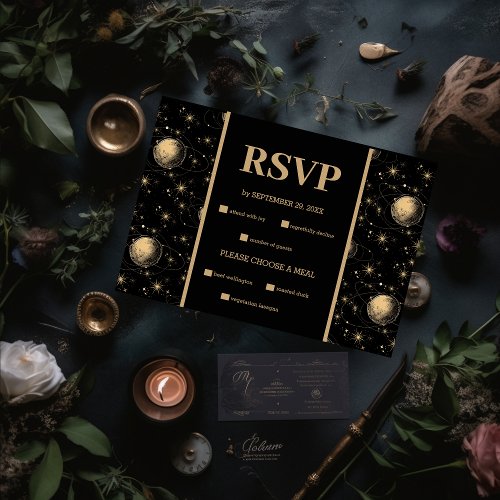 Mystical Black Gold Celestial Galaxy Wedding RSVP Card