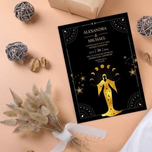 Mystical Black Gold Celestial Moon Wedding Invitat Invitation