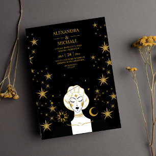 Mystical Black Gold Celestial Moon Wedding Invitation