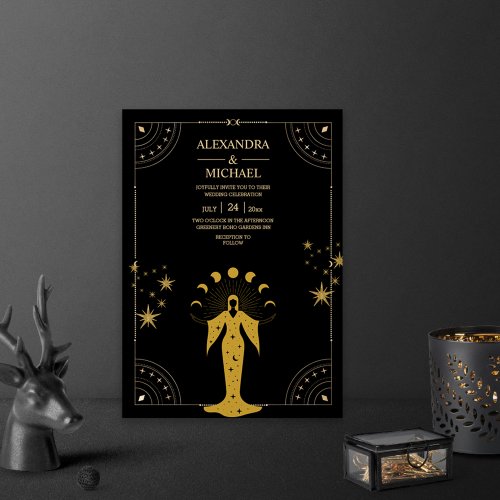 Mystical Black Gold Celestial Moon Wedding Invitation