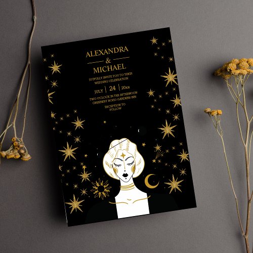 Mystical Black Gold Celestial Moon Wedding  Invitation