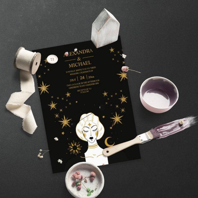 Mystical Black Gold Celestial Moon Wedding  Invitation (Creator Uploaded)