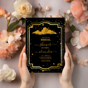 Mystical Black Gold Celestial Stars Bridal Shower Invitation