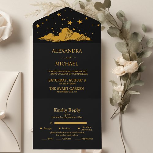 Mystical Black Gold Celestial Stars Wedding  All In One Invitation