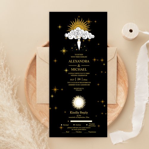 Mystical Black Gold Celestial Stars Wedding All In One Invitation