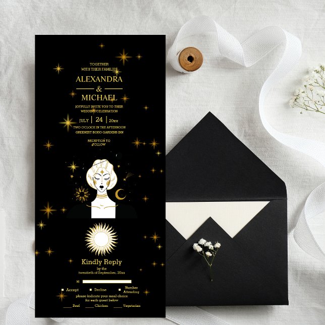 Mystical Black Gold Celestial Stars Wedding All In One Invitation (Creator Uploaded)