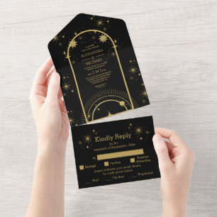 Mystical Black Gold Celestial Stars Wedding All In One Invitation