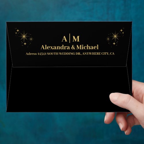 Mystical Black Gold Celestial Stars Wedding  Envelope