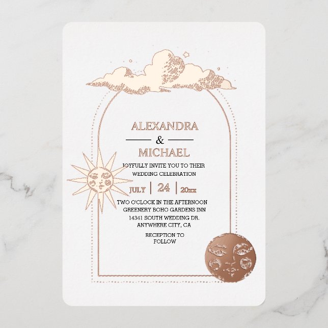 Mystical Black Gold Celestial Stars Wedding Foil I Invitation (Front)