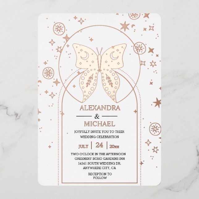 Mystical Black Gold Celestial Stars Wedding Foil Invitation (Front)