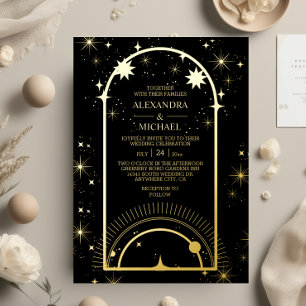 Mystical Black Gold Celestial Stars Wedding  Foil Invitation