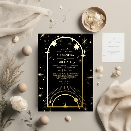 Mystical Black Gold Celestial Stars Wedding  Foil Invitation