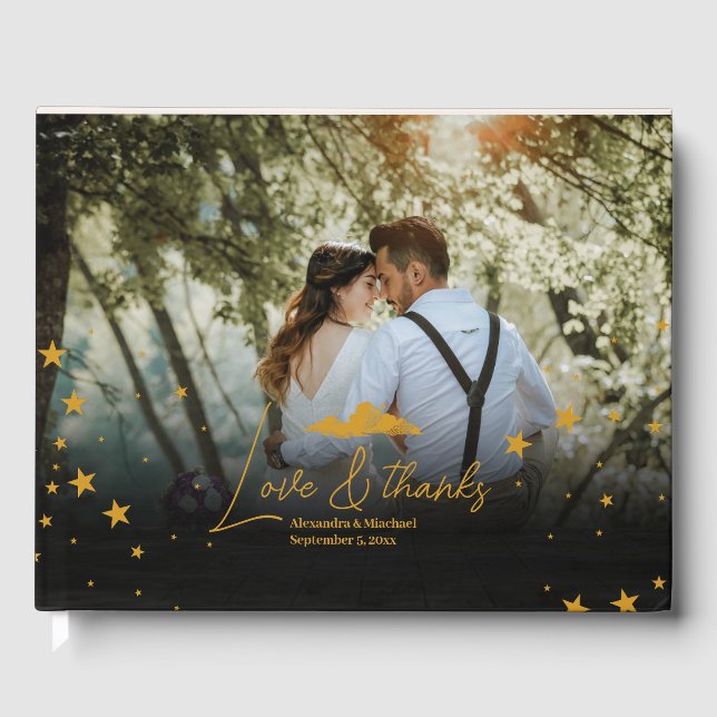 Mystical Black Gold Celestial Stars Wedding  Guest Book (Front)