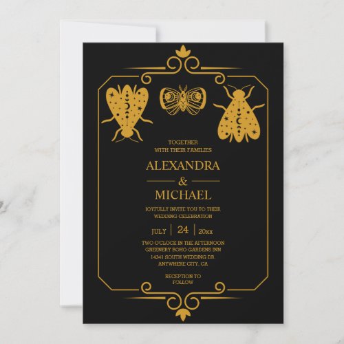 Mystical Black Gold Celestial Stars Wedding   Invi Invitation