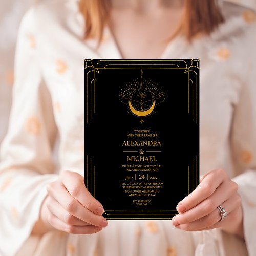 Mystical Black Gold Celestial Stars Wedding  Invit Invitation