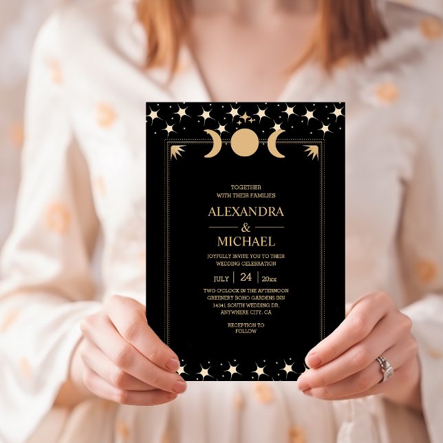Mystical Black Gold Celestial Stars Wedding  Invit Invitation (Creator Uploaded)