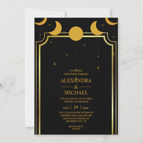 Mystical Black Gold Celestial Stars Wedding Invita Invitation