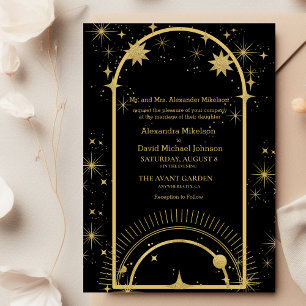 Mystical Black Gold Celestial Stars Wedding Invitation
