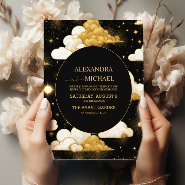 Mystical Black Gold Celestial Stars Wedding Invitation (Creator Uploaded)