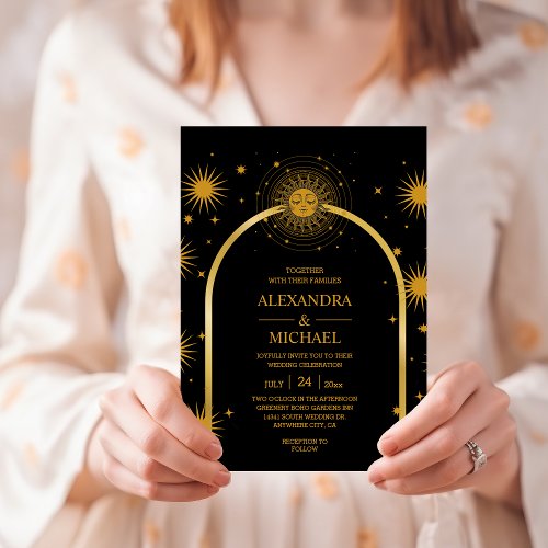 Mystical Black Gold Celestial Stars Wedding  Invitation