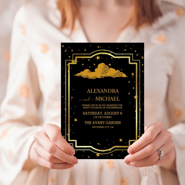 Mystical Black Gold Celestial Stars Wedding  Invitation (Creator Uploaded)
