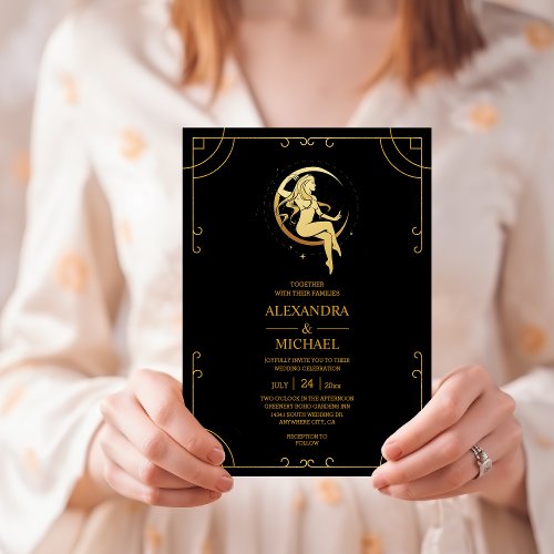 Mystical Black Gold Celestial Stars Wedding  Invitation