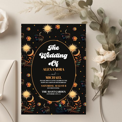 Mystical Black Gold Celestial Stars Wedding Invitation