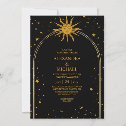 Mystical Black Gold Celestial Stars Wedding Invitation