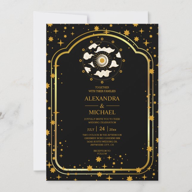 Mystical Black Gold Celestial Stars Wedding   Invitation (Front)