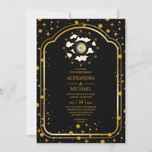 Mystical Black Gold Celestial Stars Wedding   Invitation