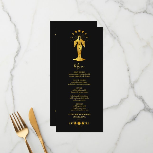 Mystical Black Gold Celestial Stars Wedding  Menu (Front/Back In Situ)