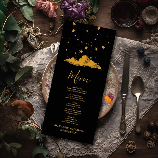 Mystical Black Gold Celestial Stars Wedding  Menu (Creator Uploaded)