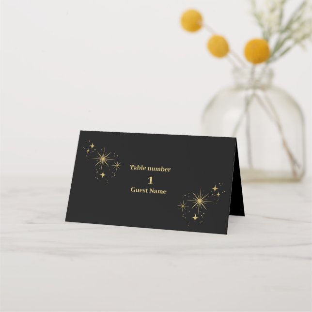 Mystical Black Gold Celestial Stars Wedding  Place Card (Front)