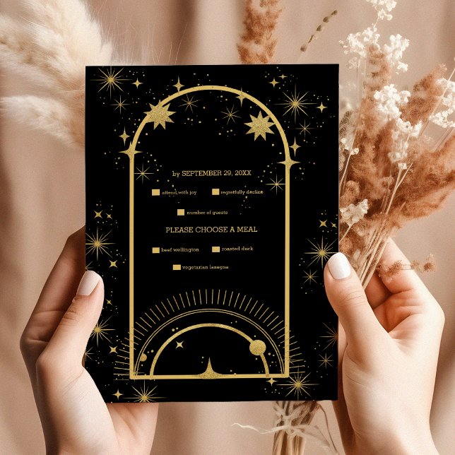 Mystical Black Gold Celestial Stars Wedding  RSVP Card (Creator Uploaded)