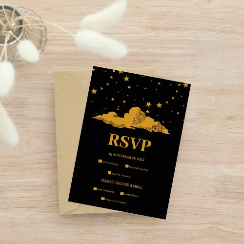 Mystical Black Gold Celestial Stars Wedding  RSVP Card